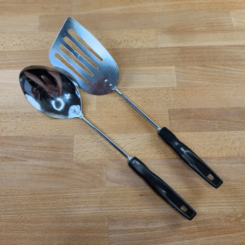 Vintage Kitchen Utensil Serving Spoon & Spatula Turner Black Plastic Handle